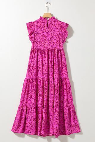 Rose Red Leopard Print Ruffle Sleeveless Maxi Dress - Alleure