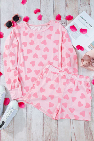 Pink Heart Print Long Sleeve Top and Shorts Pajama Set