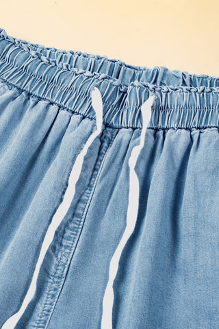 Blue Drawstring High Waist Wide Leg Jeans