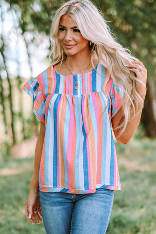Multicolor Striped Blouse with Ruffle Sleeves
