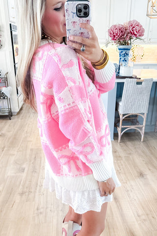 Pink Bow Block Checkered Sweater