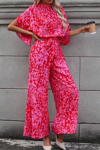 Pink & Red Leopard Print Wide Leg Jumpsuit with Tulip Sleeves & Belt