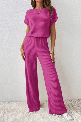 Ribbed Jumpsuit with Short Sleeves & Wide Legs - 3 Colors