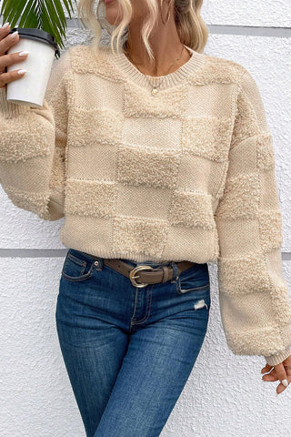 Beige Checker Pattern Sherpa Crew Neck Loose Sweater