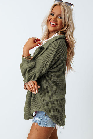 Brown Pocket Buttons Front Waffle Knit Shacket