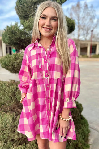 Rose Red Hidden Pocket Plaid Button Down Shirt Dress - Alleure