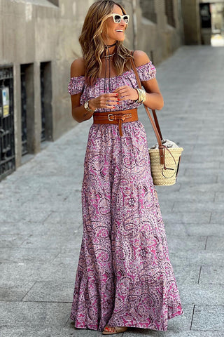 Pink Boho Paisley Print Off Shoulder Maxi Dress - Alleure