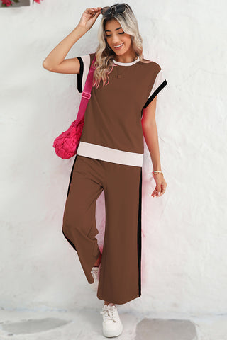 Colorblock 2 Piece Casual Wide Leg Pants Set - 4 Colors