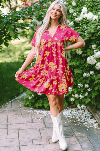 Rose Floral Short Sleeve Surplice Neck Ruffled Mini Dress - Alleure