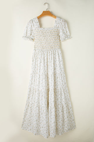 White Frill Neckline Shirred Bodice Floral Maxi Dress - Alleure