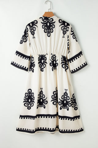 Ethnic Print 3/4 Sleeve Loose Fit Midi - 2 Colors
