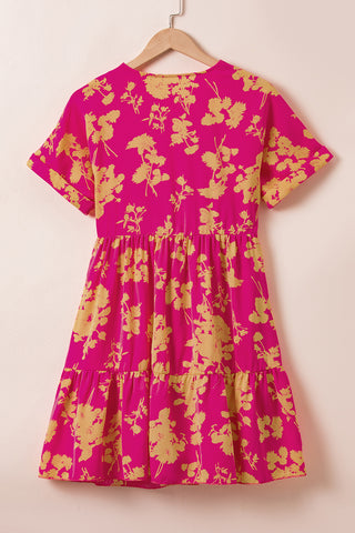 Rose Floral Short Sleeve Surplice Neck Ruffled Mini Dress - Alleure