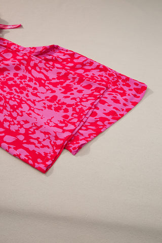 Pink & Red Leopard Print Wide Leg Jumpsuit with Tulip Sleeves & Belt