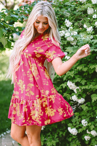 Rose Floral Short Sleeve Surplice Neck Ruffled Mini Dress - Alleure