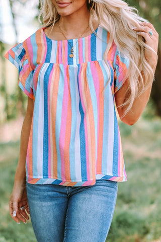 Multicolor Striped Blouse with Ruffle Sleeves