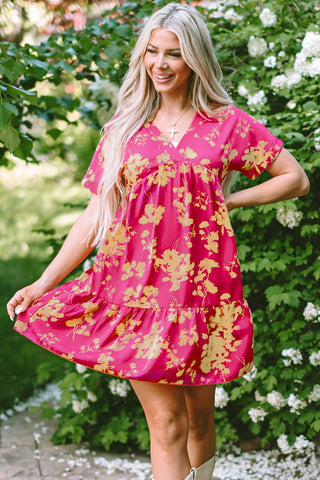 Rose Floral Short Sleeve Surplice Neck Ruffled Mini Dress - Alleure