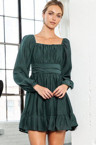 Black Solid Color Flounce Hem A -Line Square Neck Dress - Alleure