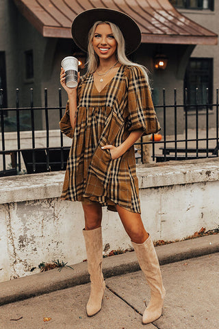 Wholesale Brown Plaid Pattern Empire Waist Babydoll Dress - Alleure