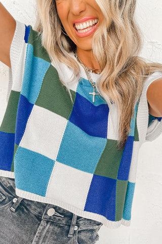 Grapefruit Orange Checkered Color Block Cap Sleeve Knitted Top - Alleure