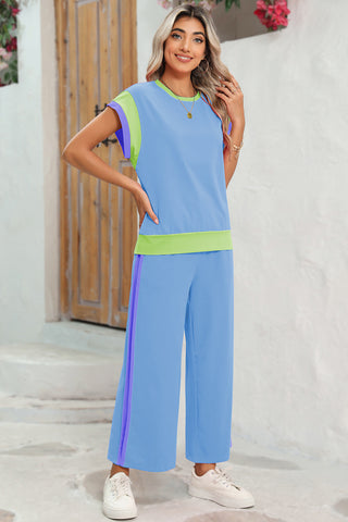Colorblock 2 Piece Casual Wide Leg Pants Set - 4 Colors
