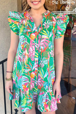 Pink Button Front Frill Neck Ruffle Trim Abstract Mini Dress - Alleure