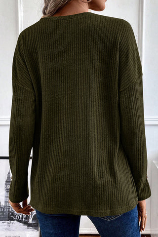 Ribbed Knit Long Sleeve Henley Top - 3 Colors