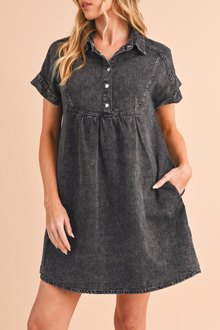 Wholesale Black Vintage Snap Buttoned Mini Denim Dress - Alleure