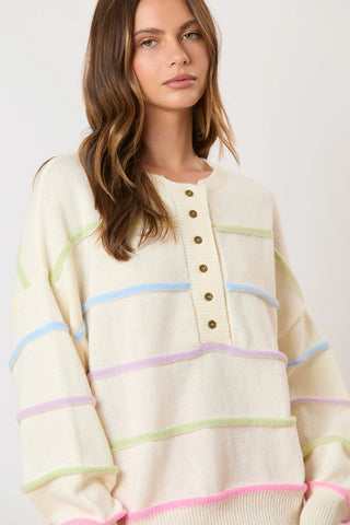 Striped Drop Sleeve Henley Sweater - 2 Colors