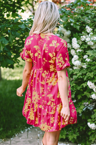 Rose Floral Short Sleeve Surplice Neck Ruffled Mini Dress - Alleure