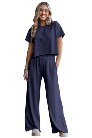 White Raw Hem Loose Tee and Wide Leg Pants Set