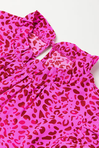 Rose Red Leopard Print Ruffle Sleeveless Maxi Dress - Alleure