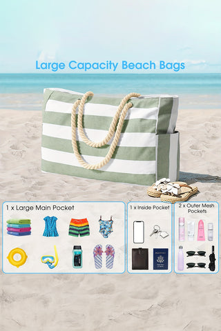 Grass Green Striped Rope Handle Canvas Large Tote Bag - Alleure