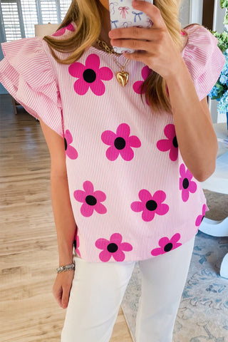 Stripe Blouse Flutter Sleeves Flower Imprint - 2 Colors