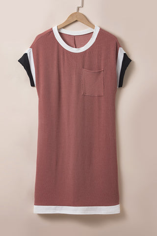 Rose Red Rib Textured Colorblock Contrast Pocket T Shirt Dress - Alleure
