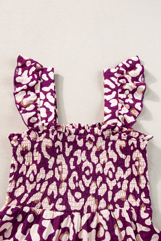 Rose Leopard Ruffle Straps Smocked High Waist Maxi Dress - Alleure