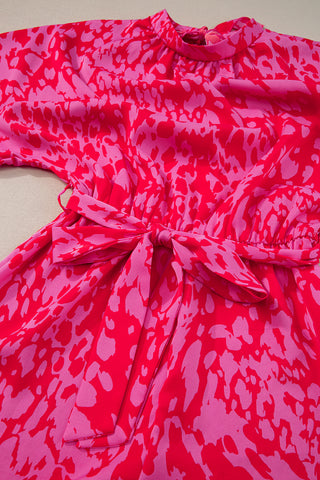 Pink & Red Leopard Print Wide Leg Jumpsuit with Tulip Sleeves & Belt