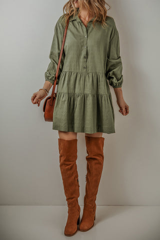 Tiered Shirt Dress Puff Sleeves - 2 Colors