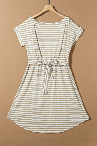 Khaki Stripe Belted Wrapped Hemline T Shirt Midi Dress - Alleure