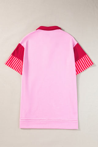 White Stripe Colorblock Sleeve Collared Short Dress