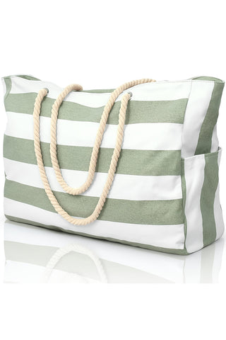Grass Green Striped Rope Handle Canvas Large Tote Bag - Alleure