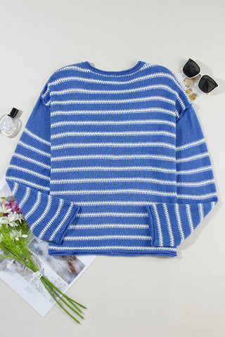 Loose Fit Striped Round Neck Drop Shoulder Sweater - 4 Colors