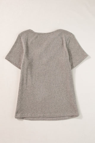 V Neck Strap & Button Detail Ribbed Tee