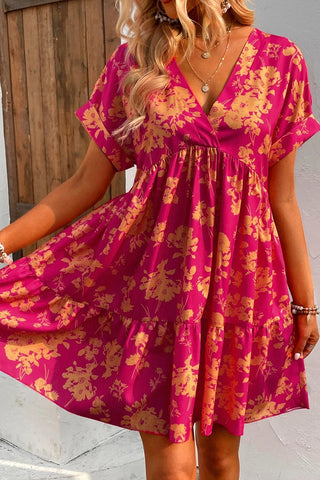 Rose Floral Short Sleeve Surplice Neck Ruffled Mini Dress - Alleure