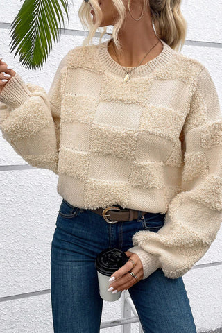 Beige Checker Pattern Sherpa Crew Neck Loose Sweater