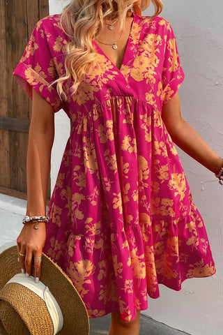 Rose Floral Short Sleeve Surplice Neck Ruffled Mini Dress - Alleure