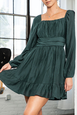 Black Solid Color Flounce Hem A -Line Square Neck Dress - Alleure
