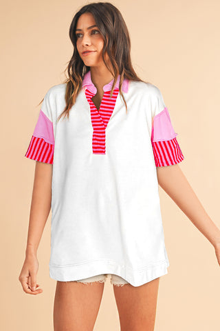 White Stripe Colorblock Sleeve Collared Short Dress