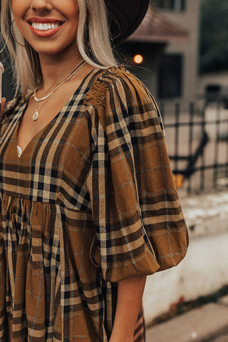 Wholesale Brown Plaid Pattern Empire Waist Babydoll Dress - Alleure