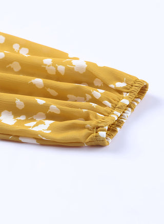 Yellow Boho Crinkled Blouse with Frill Neckline
