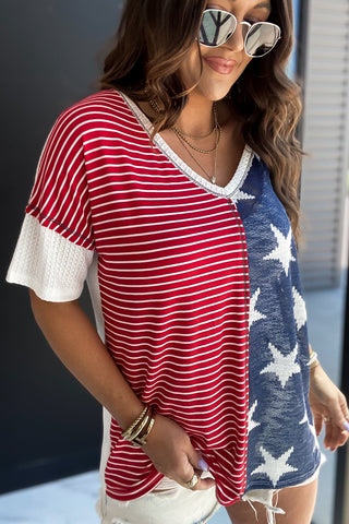 Stripes & Stars V Neck Short Sleeve Knit - 2 Color Variations